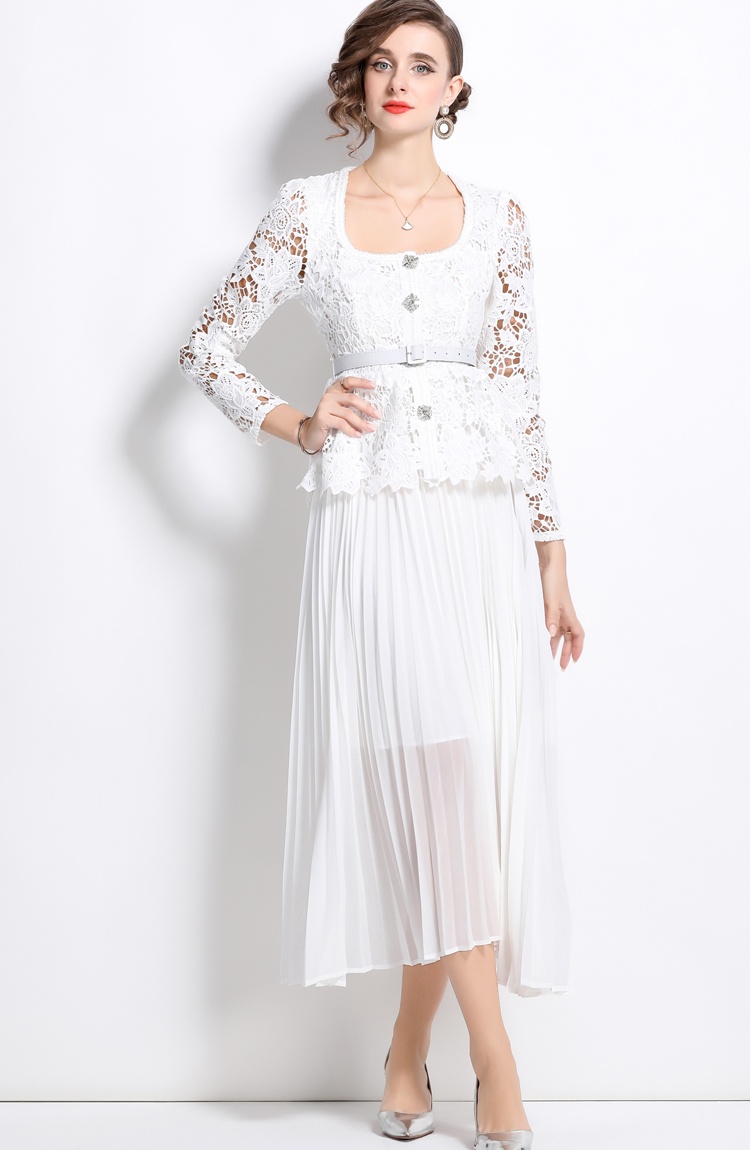 Lace pleated slim lady white pinched waist splice dress