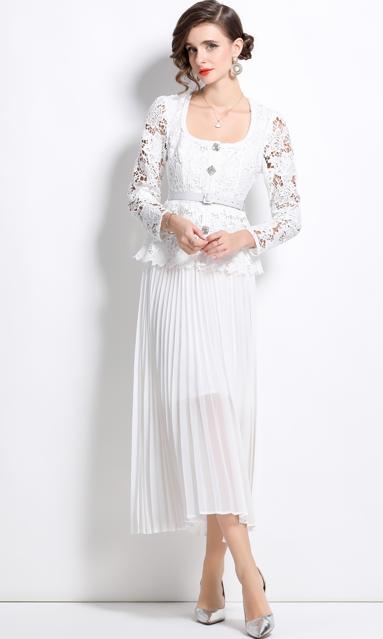 Lace pleated slim lady white pinched waist splice dress