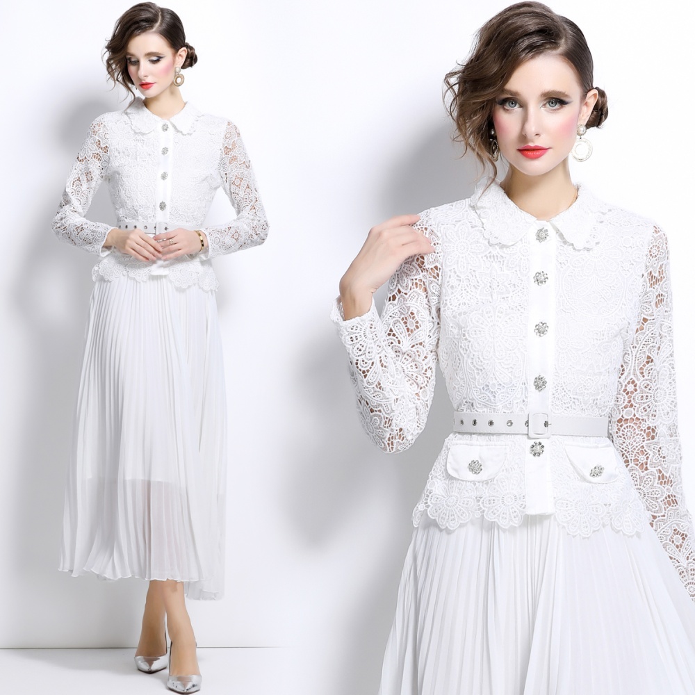 Lace long temperament sweet splice long sleeve dress