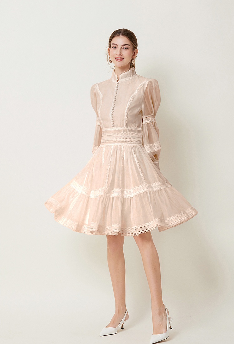 France style splice pinched waist lantern sleeve dress