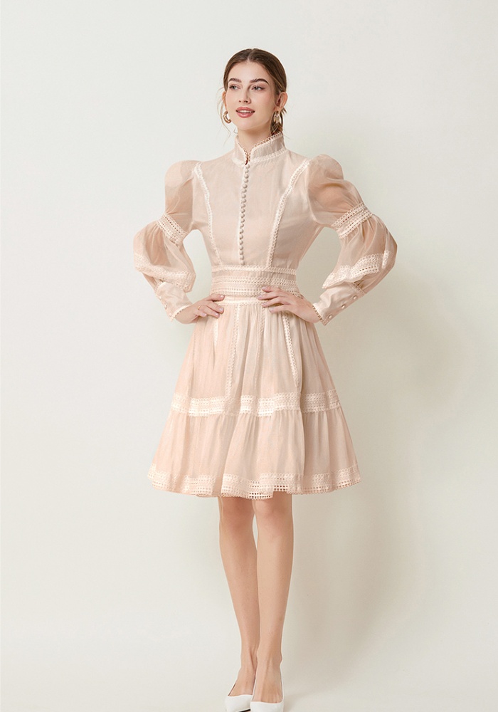 France style splice pinched waist lantern sleeve dress