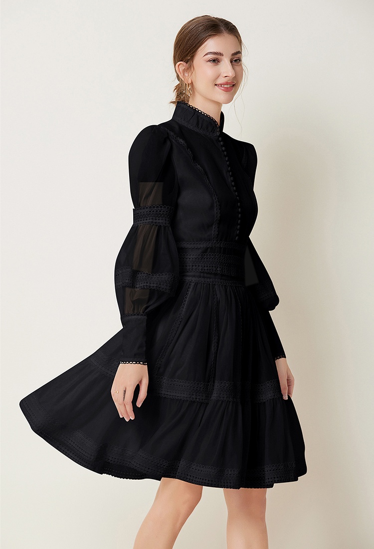 France style splice pinched waist lantern sleeve dress