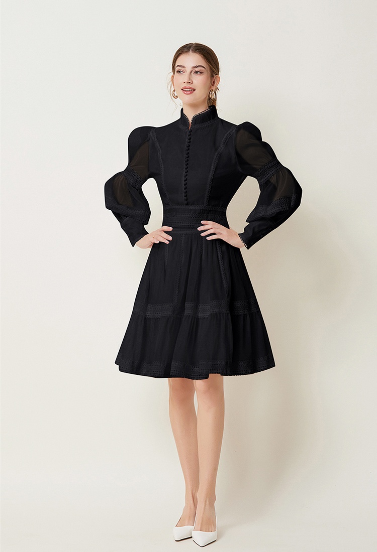 France style splice pinched waist lantern sleeve dress