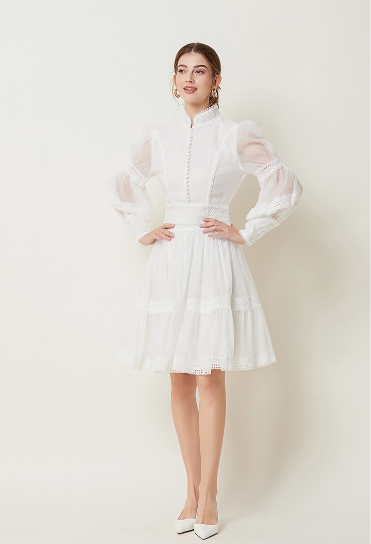 France style splice pinched waist lantern sleeve dress