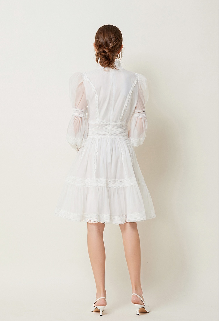 France style splice pinched waist lantern sleeve dress