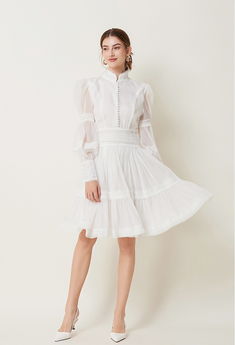 France style splice pinched waist lantern sleeve dress