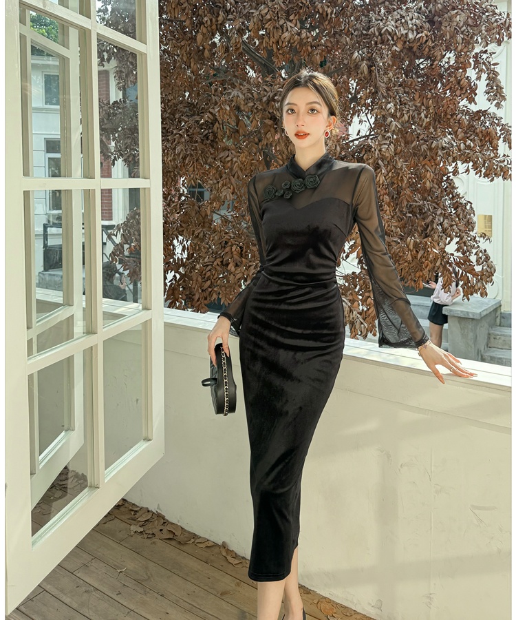 Retro golden velvet autumn and winter slim dress