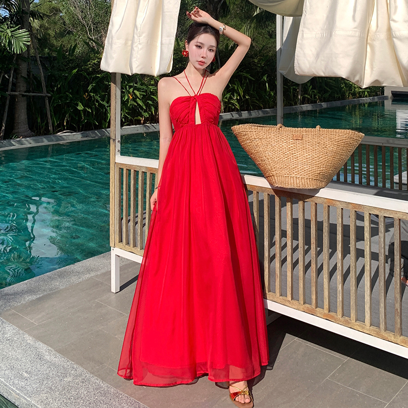 Summer beautiful halter dress vacation sling long dress