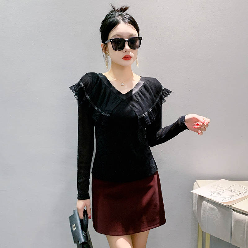 Simple T-shirt lace collar bottoming shirt for women