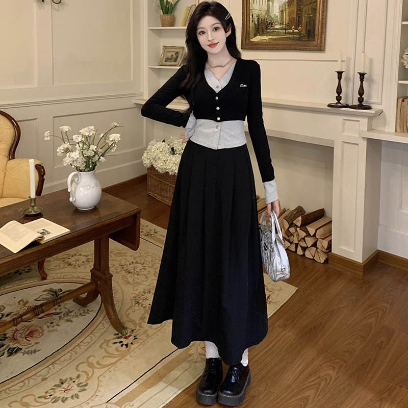 Slim temperament tops long sleeve V-neck skirt a set