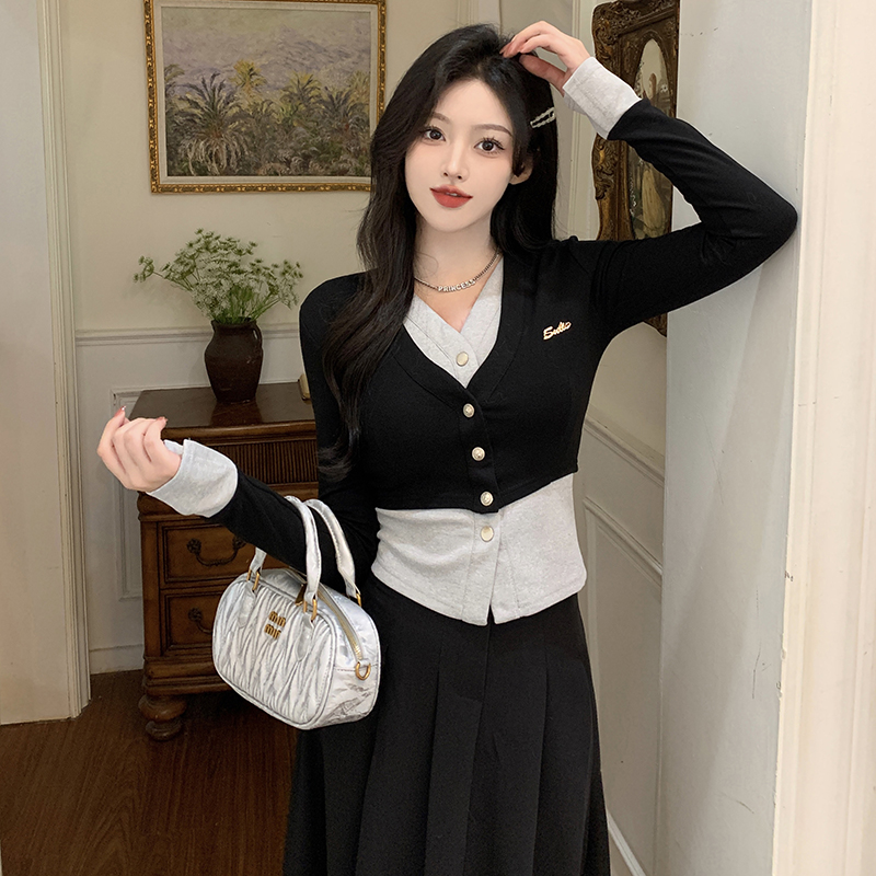 Slim temperament tops long sleeve V-neck skirt a set