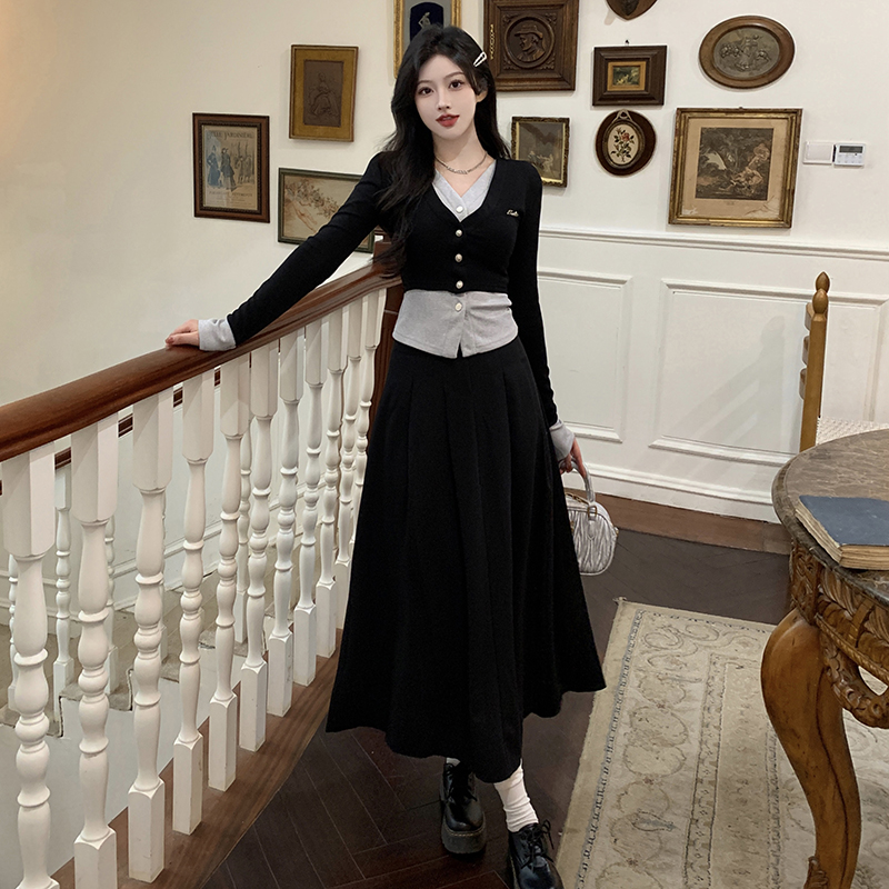 Slim temperament tops long sleeve V-neck skirt a set