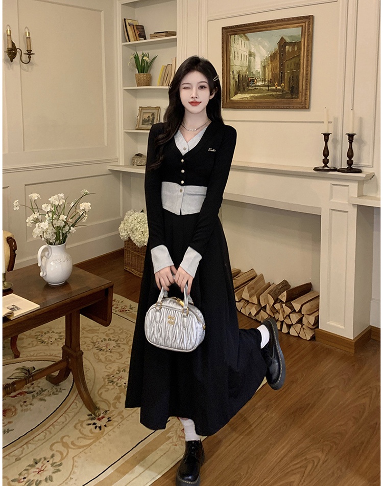 Slim temperament tops long sleeve V-neck skirt a set