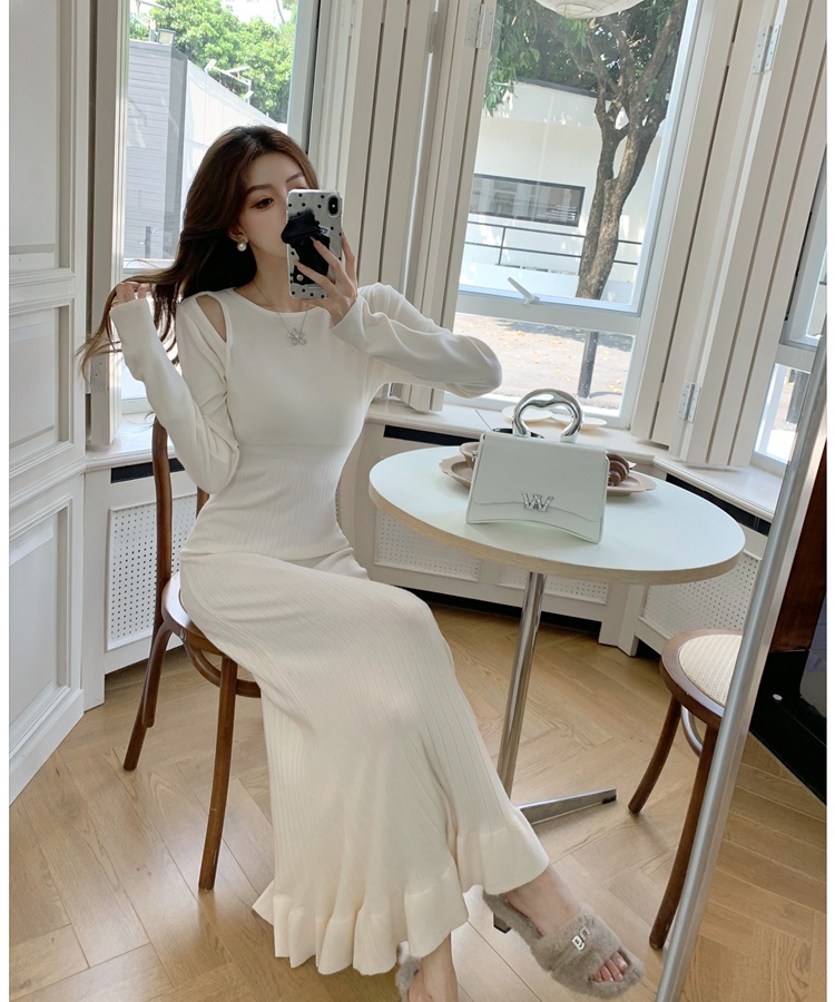 Knitted slim long dress wood ear A-line dress