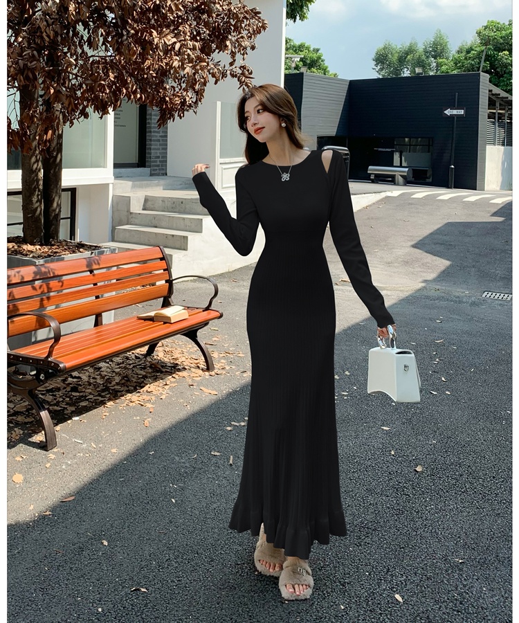 Knitted slim long dress wood ear A-line dress