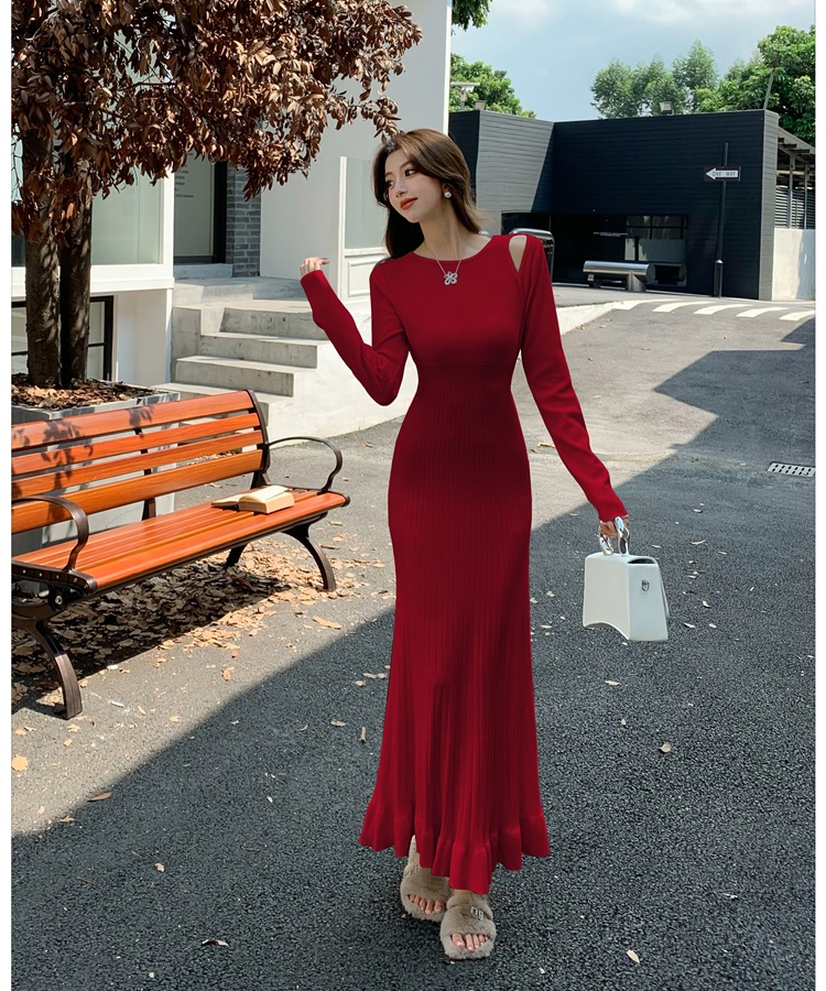 Knitted slim long dress wood ear A-line dress