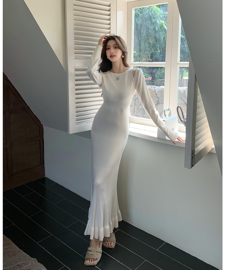 Knitted slim long dress wood ear A-line dress