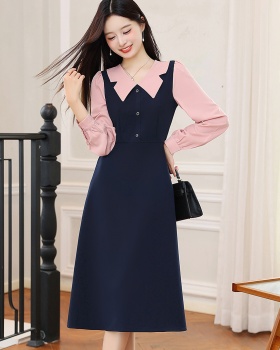 Mixed colors retro pinched waist Pseudo-two dress for women