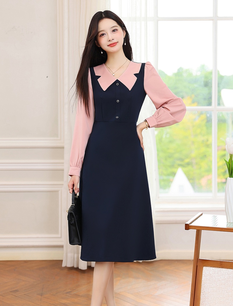 Mixed colors retro pinched waist Pseudo-two dress for women