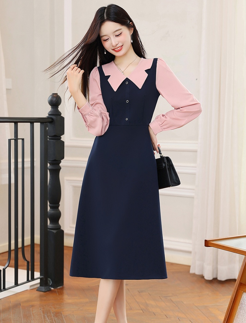 Mixed colors retro pinched waist Pseudo-two dress for women