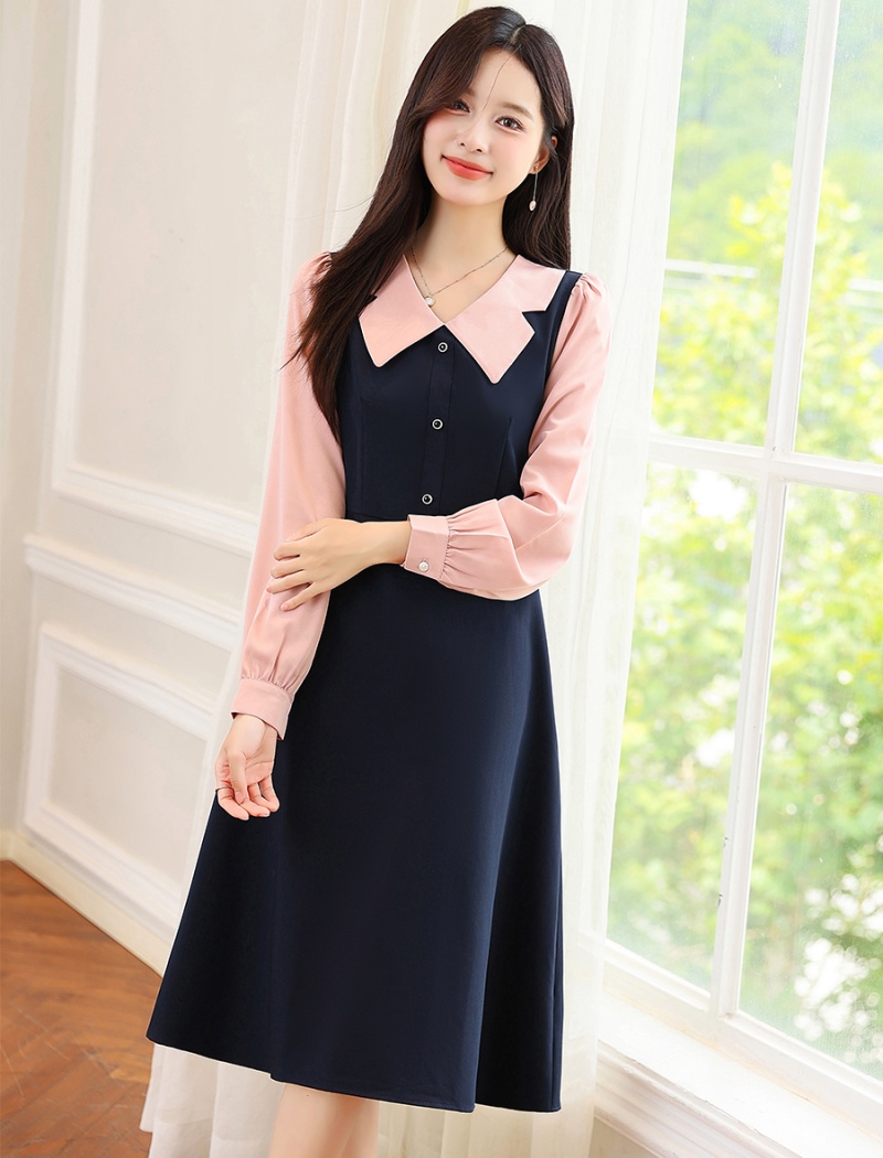 Mixed colors retro pinched waist Pseudo-two dress for women