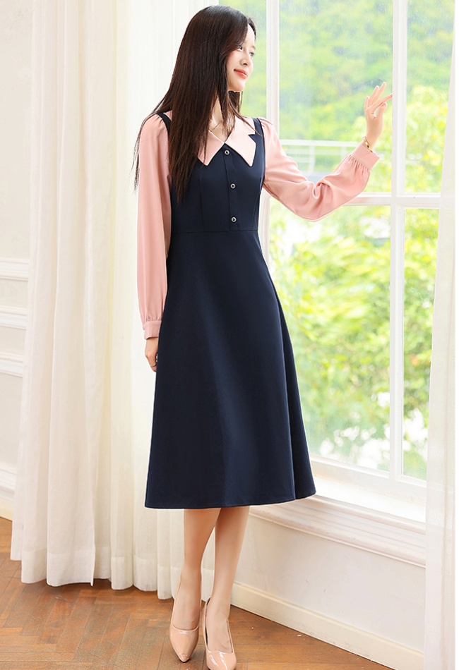 Mixed colors retro pinched waist Pseudo-two dress for women