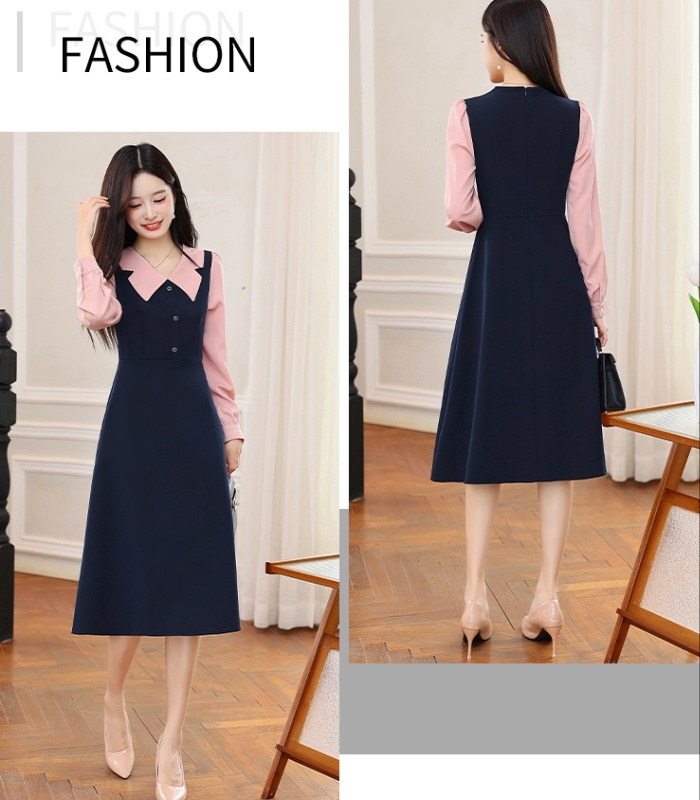 Mixed colors retro pinched waist Pseudo-two dress for women