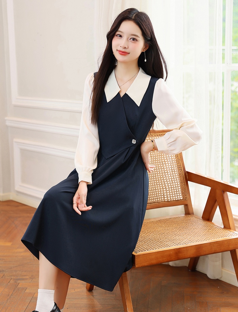 Long sleeve splice dress mixed colors shirt for women