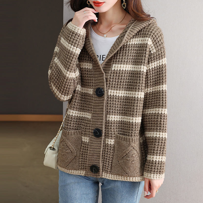 Stripe short sweater hooded coat for women