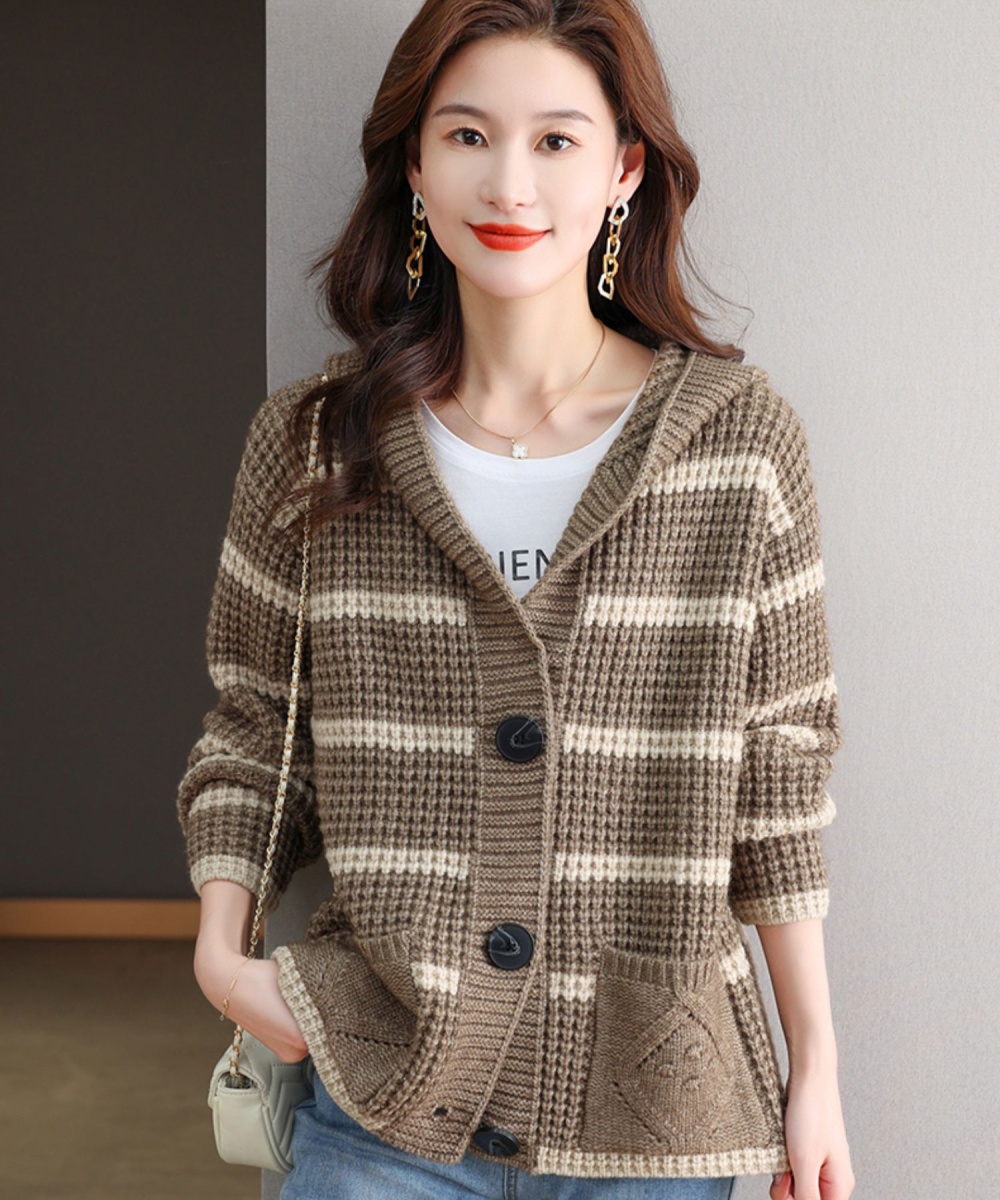 Stripe short sweater hooded coat for women