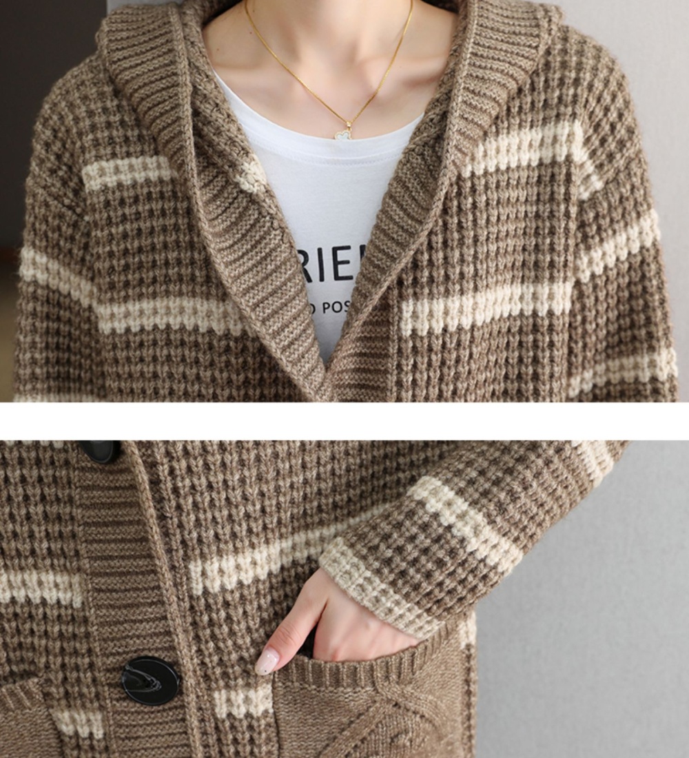 Stripe short sweater hooded coat for women