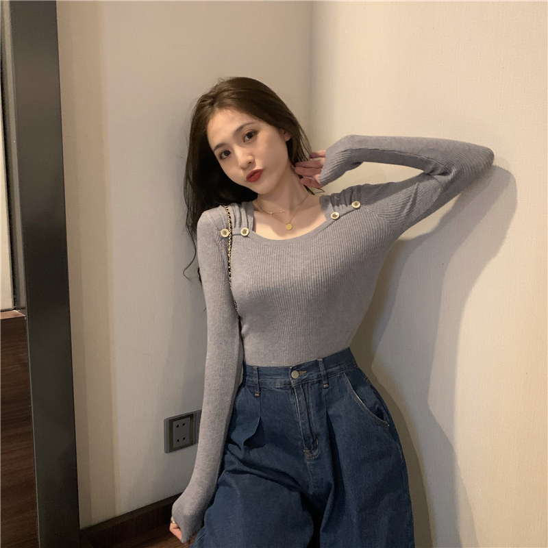 Slim square collar bottoming fashion clavicle sweater