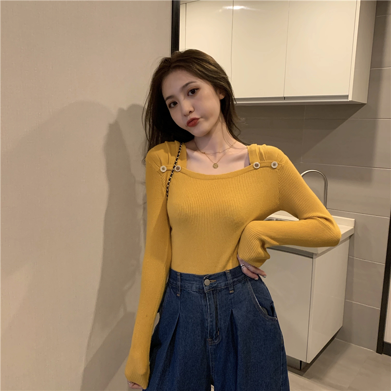 Slim square collar bottoming fashion clavicle sweater