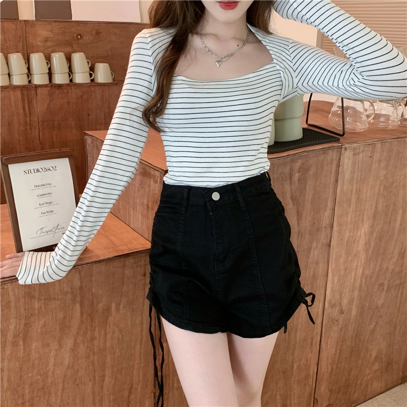 Temperament autumn Korean style niche stripe T-shirt