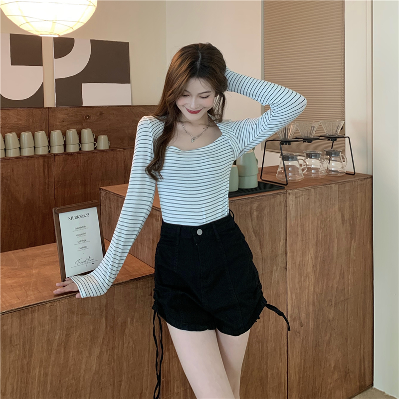 Temperament autumn Korean style niche stripe T-shirt