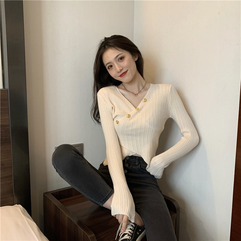 Slim cross long sleeve T-shirt autumn V-neck tops