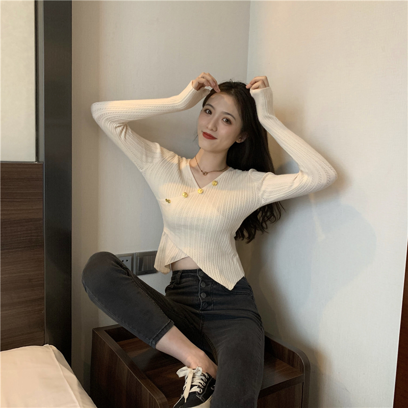 Slim cross long sleeve T-shirt autumn V-neck tops