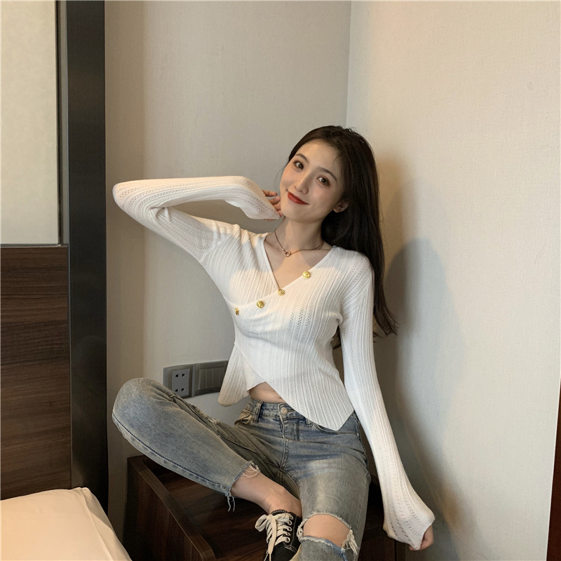 Slim cross long sleeve T-shirt autumn V-neck tops