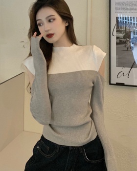 Splice mixed colors sweater strapless tops