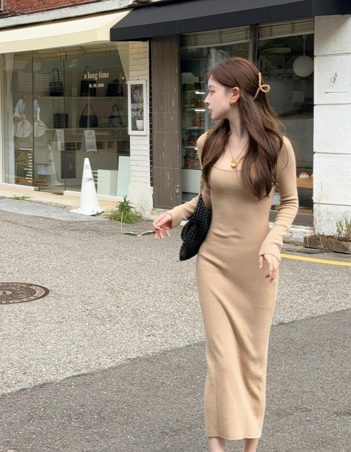 Fashion slim long sleeve round neck long dress for women