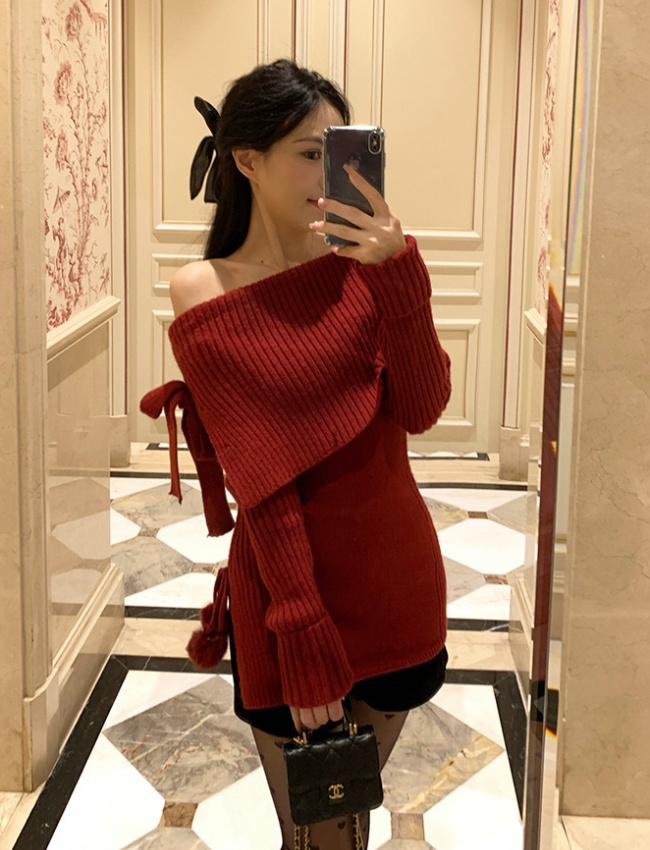 Short long sleeve tops bottoming bow sweater for women