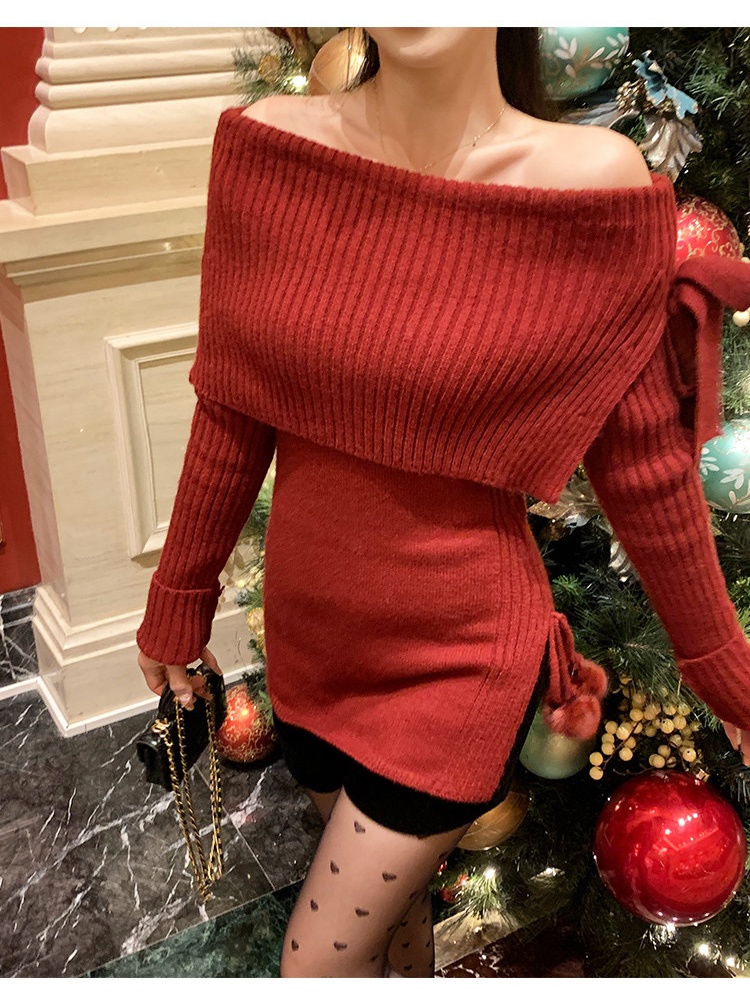 Short long sleeve tops bottoming bow sweater for women