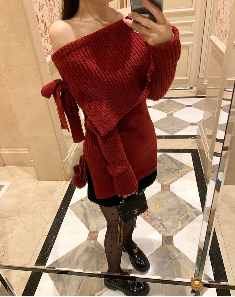 Short long sleeve tops bottoming bow sweater for women