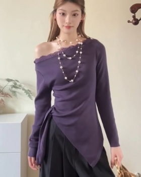 Sexy pinched waist T-shirt purple irregular tops for women