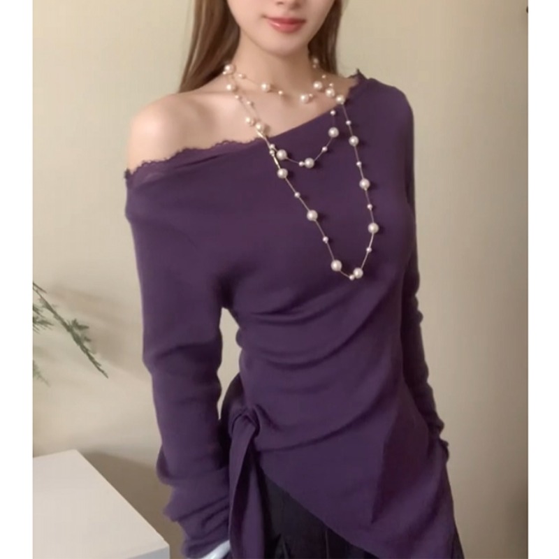 Sexy pinched waist T-shirt purple irregular tops for women