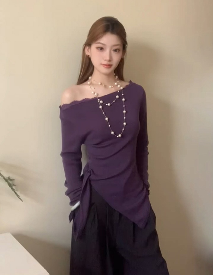 Sexy pinched waist T-shirt purple irregular tops for women