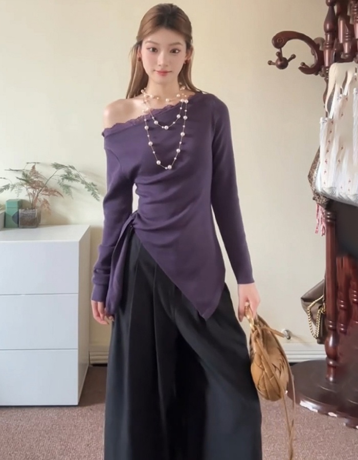 Sexy pinched waist T-shirt purple irregular tops for women