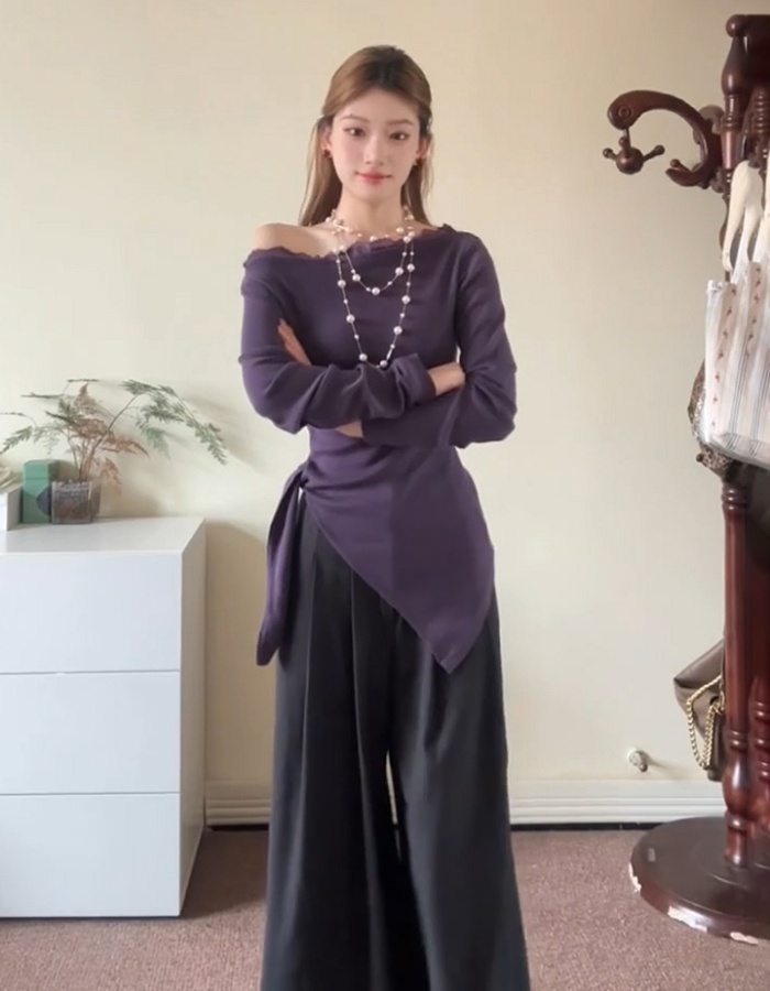 Sexy pinched waist T-shirt purple irregular tops for women