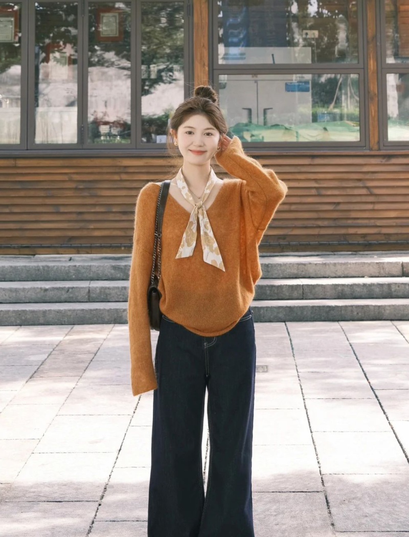 Loose knitted temperament tops mohair slim sweater for women