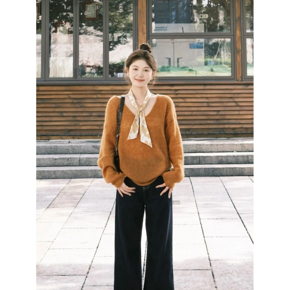 Loose knitted temperament tops mohair slim sweater for women